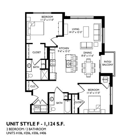 A black and white image of a floor plan for a 2 bedroom, 2 bathroom unit.